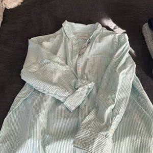 American Eagle Oversized Button Down Shirt Green and White Stripe